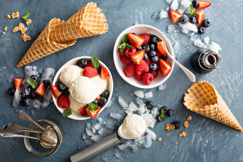 ice cream and berries in a bowl