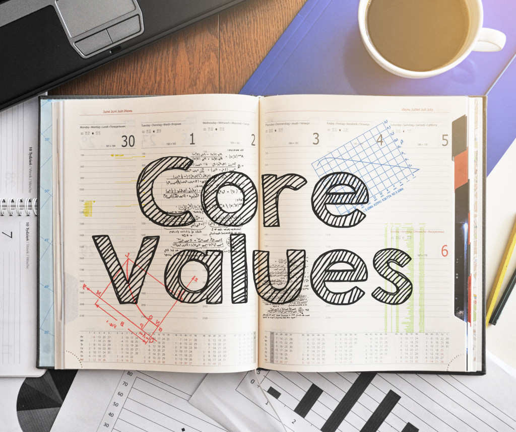 a notebook with core values written on it