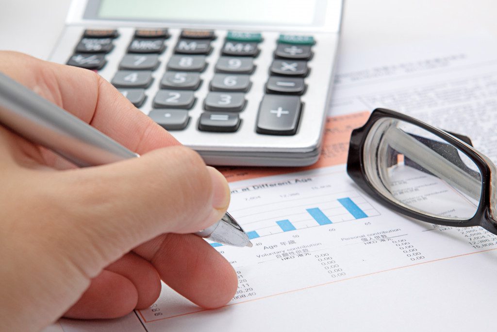 Stock chart with calculator,pen and eyeglasses