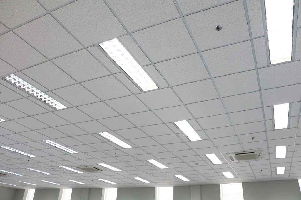 Industrial recessed lights in an expansive office space