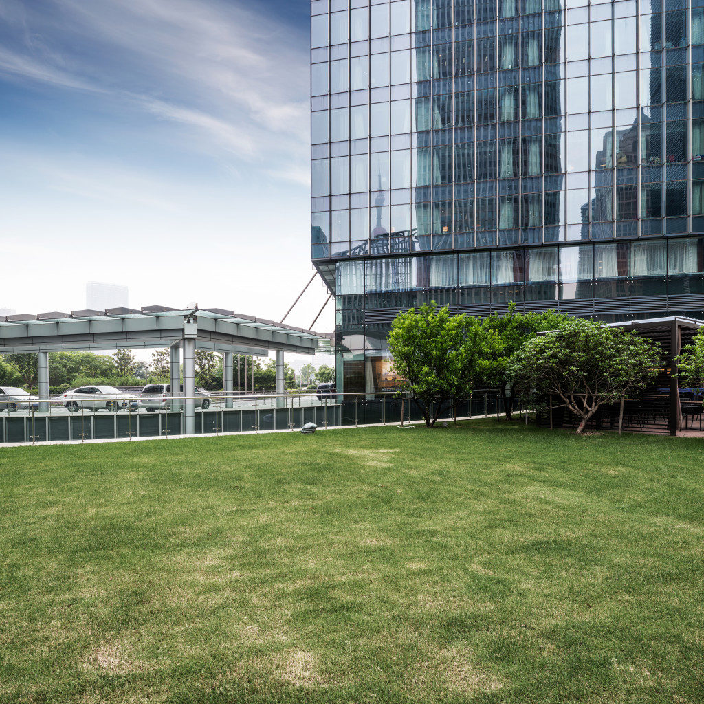 Portrait of a lawn of tall office building 