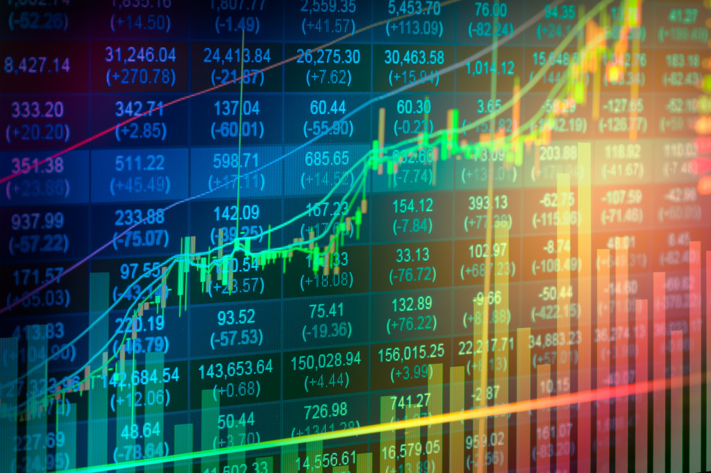 Statistic graph stock market data and finance indicator analysis from LED display. including finance statistic graph stock market education or marketing analysis. Stock analysis indicator background.